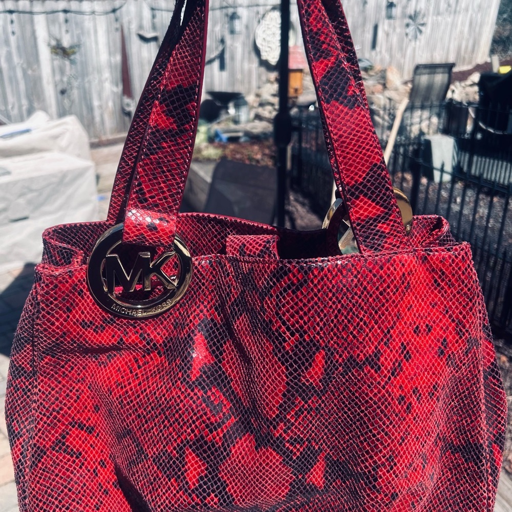 Michael Kors Red Black Snake Print Tote Shoulder Bag Gold Logo